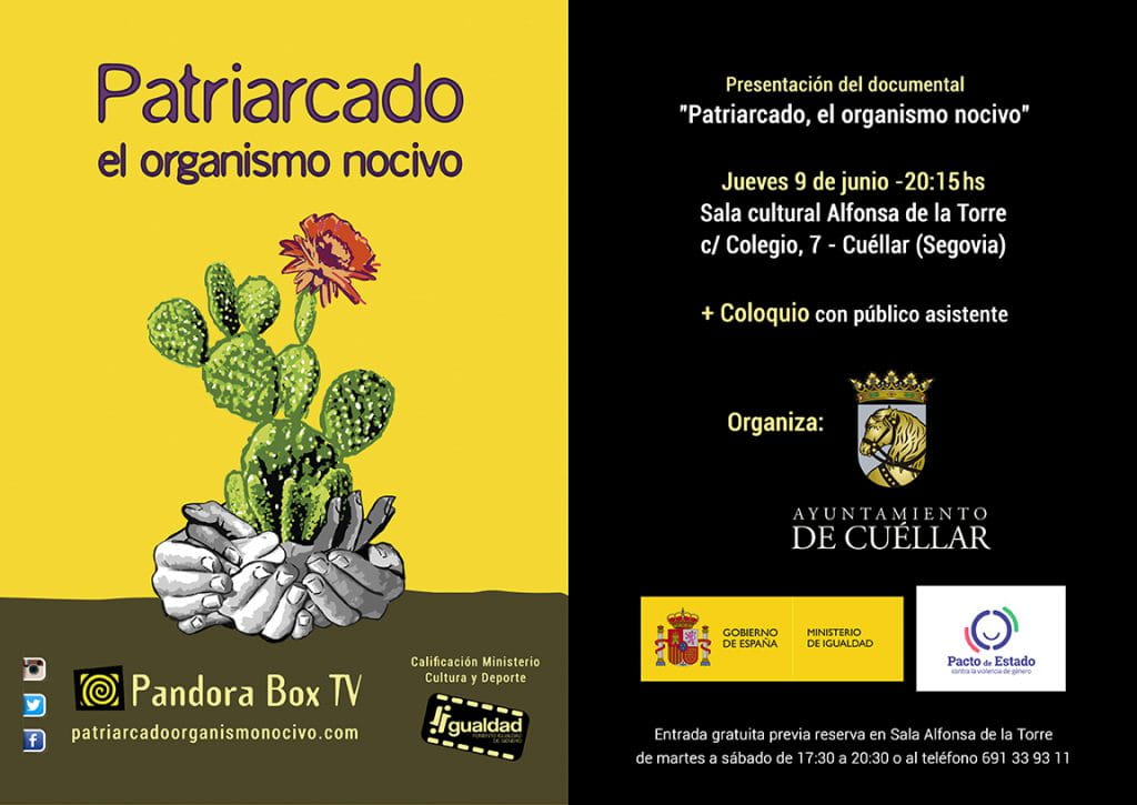 Cartel del documental Patriarcado, el organismo nocivo, proyectado en la Sala Alfonsa de la Torre de Cuéllar el 9 de junio de 2022