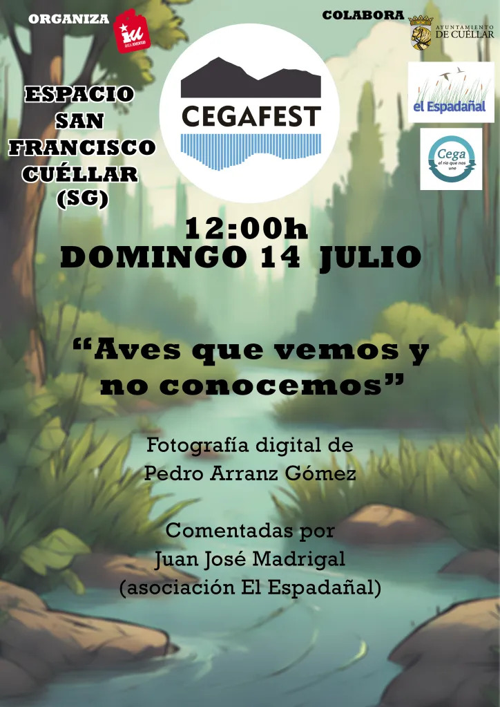 Cartel de la charla Aves que vemos y no conocemos, del Cegafest 2024, el domingo 14 de julio en Cuéllar